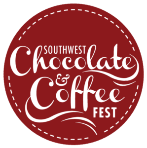 Deep Red colored circle with the words Southwest Chocolate and Coffee Fest written inside with a classy, script font.