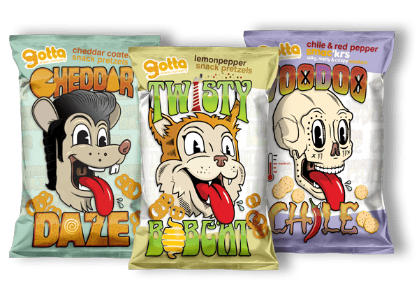 Three snack bags of different flavors featuring three different package designs by ScrumCanoe