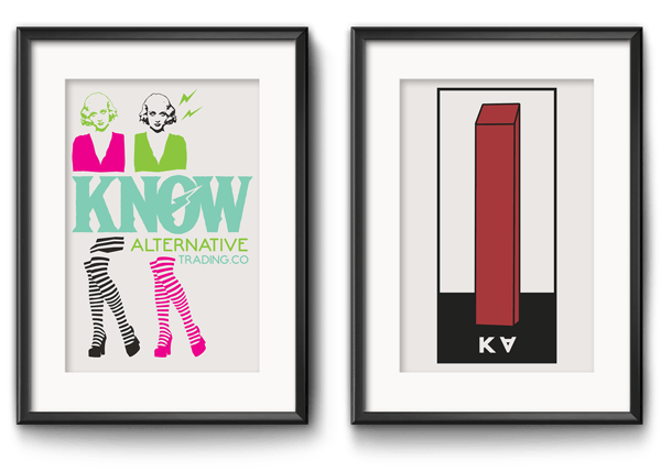 Two framed posters for Know Alternative Trading Company on a light blue wall. the left image is of twin women with short bob haircuts in neon blouses. They both wear striped knee high socks and platform heels. The right poster is of a red obelisk with a black frame around it. the letters "KA" are on the bottom, with the "A" upside down.
