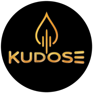 Gold and yellow Logo for Kudose. The top is a drip that is broken at the bottom with three lines. The word Kudose spans the bottom.