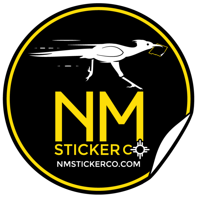 Logo of New Mexico Sticker Company. Black circle with a Road Runner across the letters NM. Beneath that the words "sticker co" and the URL nmstickerrco.com
