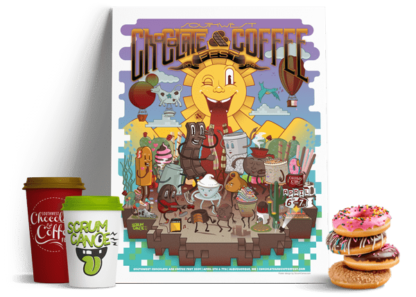 Southwest Chocolate and Coffee Fest Poster leaning against a wall next to two cups of coffee and a stack of donuts.