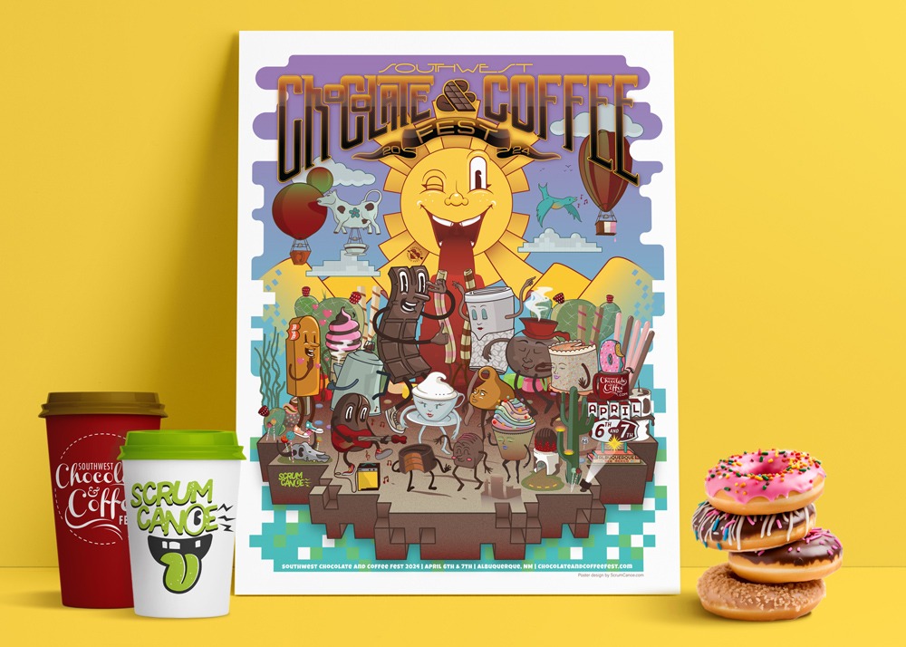 A poster of Chocolate and Coffee Fest 2024 leans against a wall. The poster is by ScrumCanoe and features a sun overlooking a dance party with a cast of cartoon characters that are made of chocolate or coffee. Two coffee cups sit by the poster. One coffee cup features the logo and colors of Southwest Chocolate and Coffee Fest, the other cup features the logo and colors of ScrumCanoe. On the right side of the table stands a stack of colorful donuts.